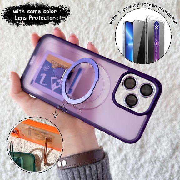 Dteck 3 In 1 for iPhone 16 Pro Max Case, Magnetic Ring Stand with Privacy Screen Protector + Camera Lens Protector, Frosted Translucent Shockproof Phone Cover for iPhone 16 Pro Max,Purple