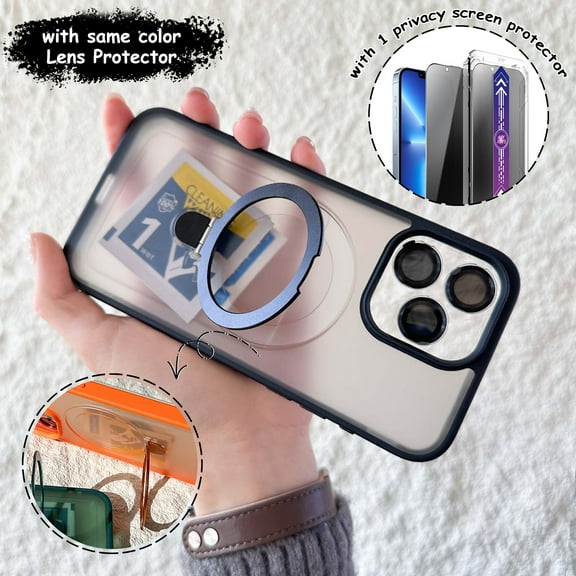 Dteck 3 In 1 for iPhone 16 Pro Max Case, Magnetic Ring Stand with Privacy Screen Protector + Camera Lens Protector, Frosted Translucent Shockproof Phone Cover for iPhone 16 Pro Max,Black