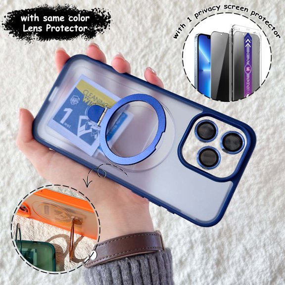 Dteck 3 In 1 for iPhone 16 Pro Max Case, Magnetic Ring Stand with Privacy Screen Protector + Camera Lens Protector, Frosted Translucent Shockproof Phone Cover for iPhone 16 Pro Max,Blue