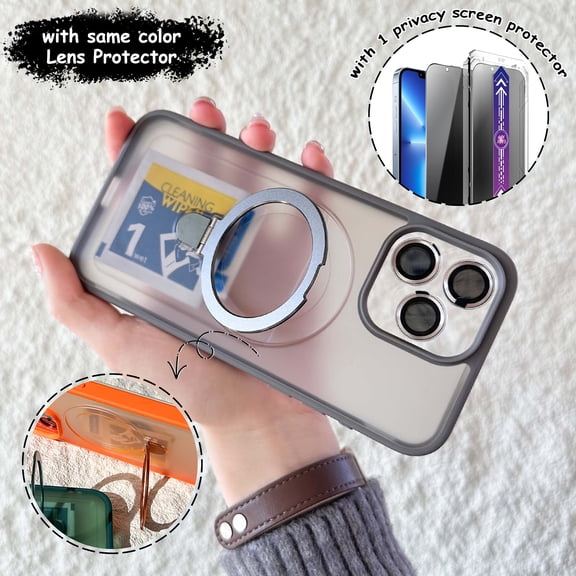 Dteck 3 In 1 for iPhone 16 Pro Max Case, Magnetic Ring Stand with Privacy Screen Protector + Camera Lens Protector, Frosted Translucent Shockproof Phone Cover for iPhone 16 Pro Max,Gray