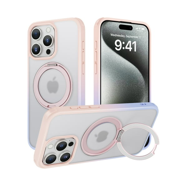 Dteck 360° Rotatable Magnetic Ring Stand Case for iPhone 13 Pro,Compatile with Mag Safe Shockproof Rubber + PC Slim Translucent Back Cover for iPhone 13 Pro,Colorful/Pink