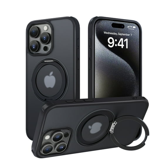 Dteck 360° Rotatable Magnetic Ring Stand Case for iPhone 14 Pro Max,Compatile with Mag Safe Shockproof Rubber + PC Slim Translucent Back Cover for iPhone 14 Pro Max,Black