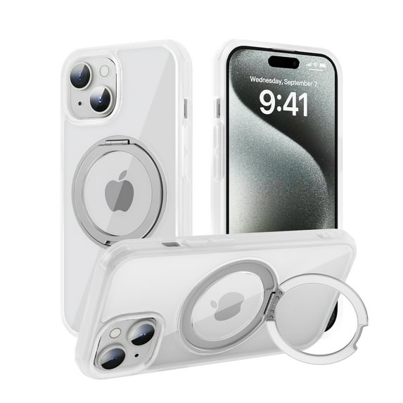 Dteck 360° Rotatable Magnetic Ring Stand Case for iPhone 15,Compatile with Mag Safe Shockproof Rubber + PC Slim Translucent Back Cover for iPhone 15,White