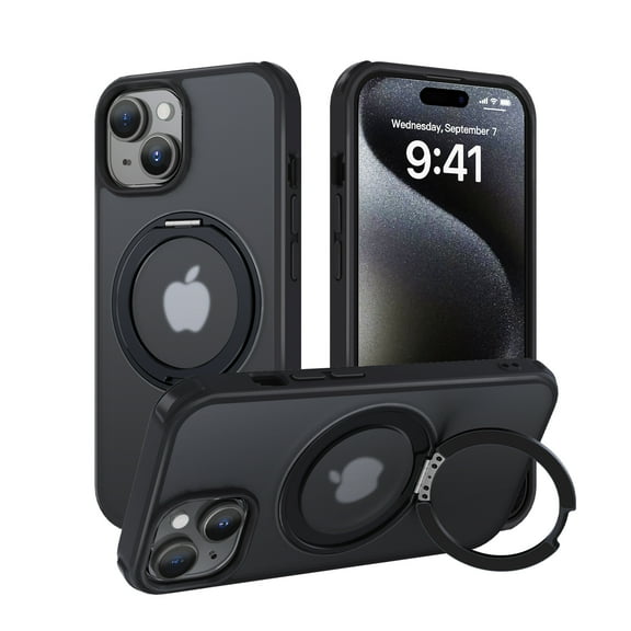 Dteck 360° Rotatable Magnetic Ring Stand Case for iPhone 15 Plus,Compatile with Mag Safe Shockproof Rubber + PC Slim Translucent Back Cover for iPhone 15 Plus,Black