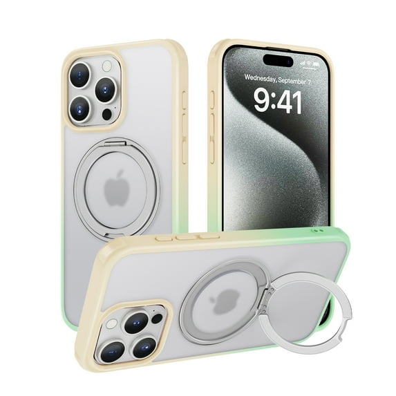 Dteck 360° Rotatable Magnetic Ring Stand Case for iPhone 15 Pro,Compatile with Mag Safe Shockproof Rubber + PC Slim Translucent Back Cover for iPhone 15 Pro,Colorful/Mint