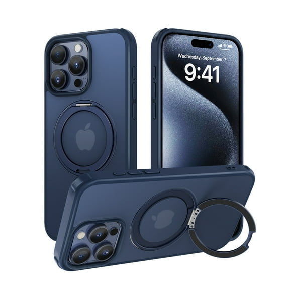 Dteck 360° Rotatable Magnetic Ring Stand Case for iPhone 15 Pro,Compatile with Mag Safe Shockproof Rubber + PC Slim Translucent Back Cover for iPhone 15 Pro,Blue