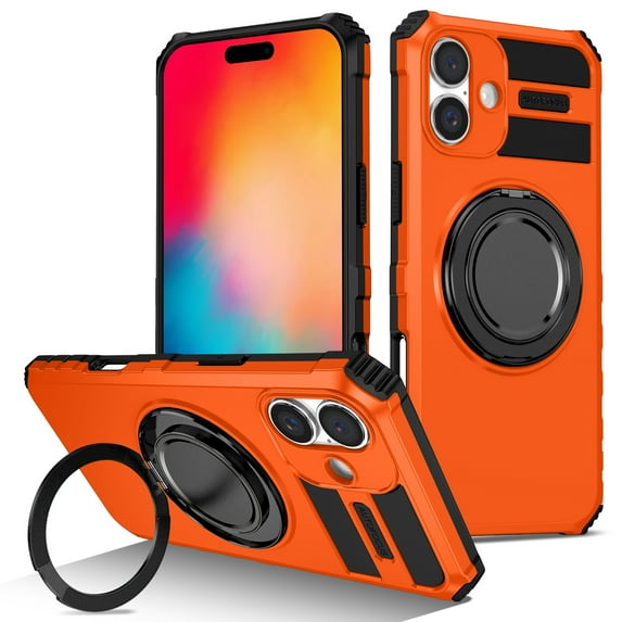 Dteck 360° Rotating Magnetic Stand Protective Case for iPhone 16 Plus,Shockproof TPU+PC Case Kickstand Back Cover for iPhone 16 Plus,Orange