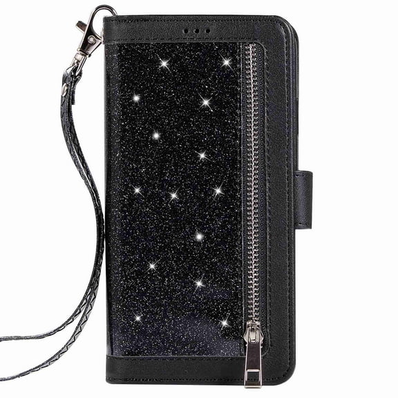 Dteck 9 Card Holder Folio Flip Glitter Leather Folding Stand Magnetic Wallet Purse Case with Strap &Zipper Coin Change Money Pocket, For iPhone 11 Pro 5.8", black