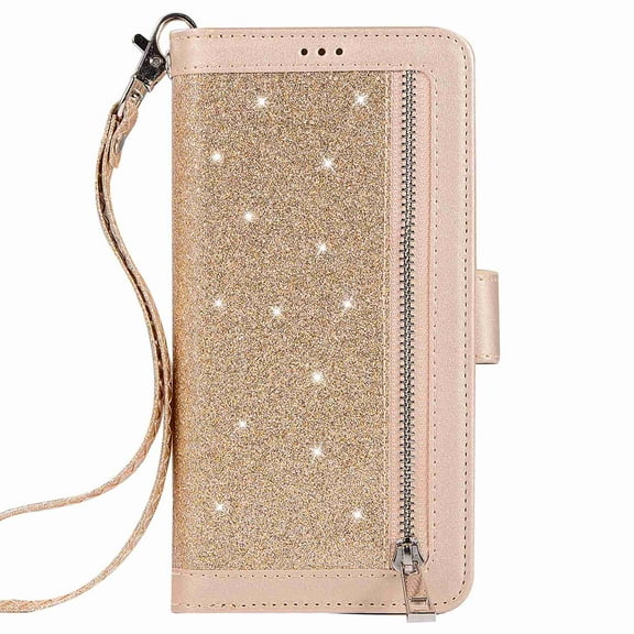 Dteck 9 Card Holder Folio Flip Glitter Leather Folding Stand Magnetic Wallet Purse Case with Strap &Zipper Coin Change Money Pocket, For iPhone 11 Pro 5.8", gold