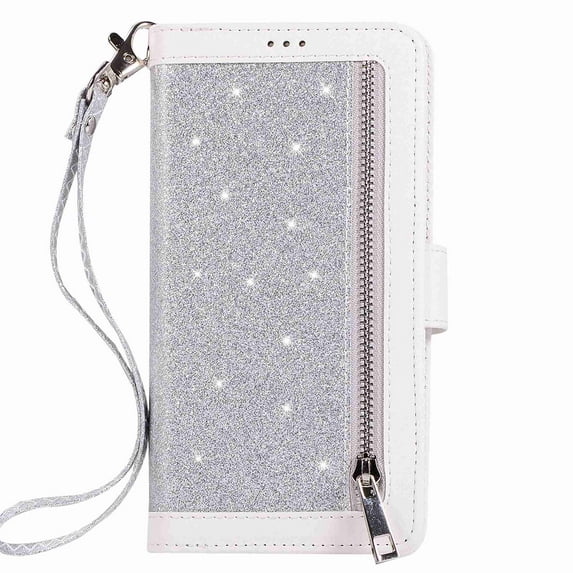 Dteck 9 Card Holder Folio Flip Glitter Leather Folding Stand Magnetic Wallet Purse Case with Strap &Zipper Coin Change Money Pocket, For iPhone 11 Pro 5.8", silver