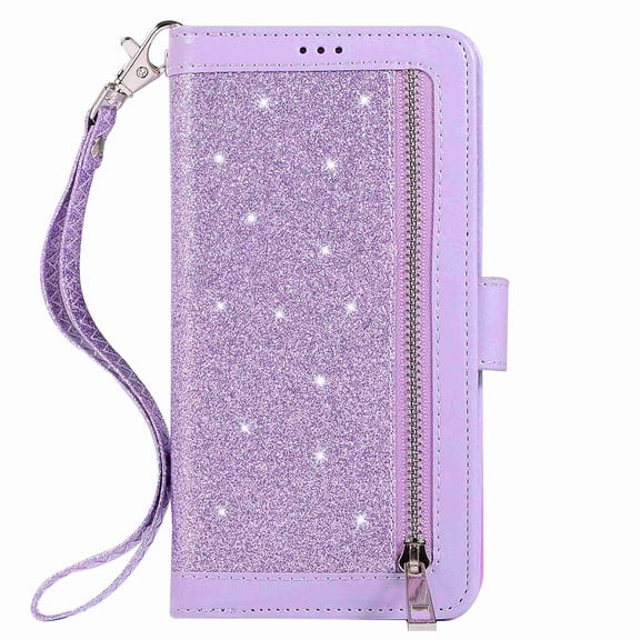 Dteck 9 Card Holder Folio Flip Glitter Leather Folding Stand Magnetic Wallet Purse Case with Strap &Zipper Coin Change Money Pocket, For iPhone 11 6.1", purple