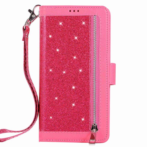 Dteck 9 Card Holder Folio Flip Glitter Leather Folding Stand Magnetic Wallet Purse Case with Strap &Zipper Coin Change Money Pocket, For iPhone 11 6.1", rose