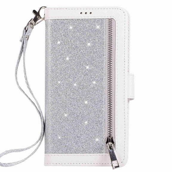 Dteck 9 Card Holder Folio Flip Glitter Leather Folding Stand Magnetic Wallet Purse Case with Strap &Zipper Coin Change Money Pocket, For iPhone 11 6.1", silver