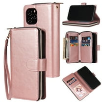 Dteck 9 Card Slots Wallet Case for Apple iPhone 12 Pro Max 6.7-inch,Retro Magnetic Strap Card Pocket Leather Zipper Hybrid Rubber Shockproof Kickstand Phone Cover,Rosegold