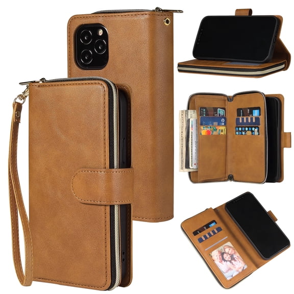 Dteck 9 Card Slots Wallet Case for Apple iPhone 12/iPhone 12 Pro 6.1-inch,Retro Magnetic Strap Card Pocket Leather Zipper Hybrid Rubber Shockproof Kickstand Phone Cover,Brown