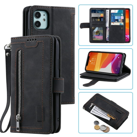 Dteck 9 Card Slots Wallet Case for Apple iPhone 12 mini 5.4-inch,Hybrid Magnetic PU Leather Zipper Kicstand Shockproof Rubber Full Protector Cover with Strap,Black
