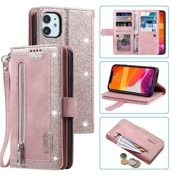 Dteck 9 Card Slots Wallet Case for Apple iPhone 12 mini 5.4-inch,Hybrid Magnetic PU Leather Zipper Kicstand Shockproof Rubber Full Protector Cover with Strap,Rosegold