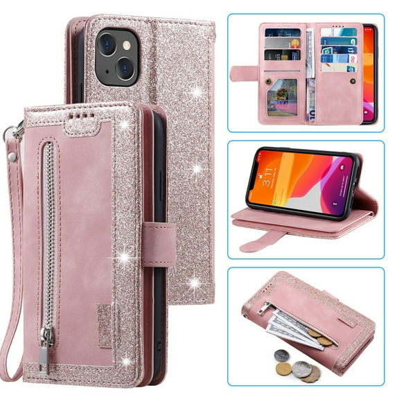 Dteck 9 Card Slots Wallet Case for Apple iPhone 13 6.1-inch,Hybrid Magnetic PU Leather Zipper Kicstand Shockproof Rubber Full Protector iPhone 13 6.1" Cover with Strap,Rosegold