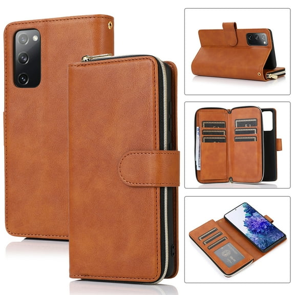 Dteck 9 Card Slots Wallet Case for Samsung Galaxy S20 FE 6.5-inch,Retro Magnetic Strap Card Pocket Leather Zipper Hybrid Rubber Shockproof Kickstand Phone Cover,Brown