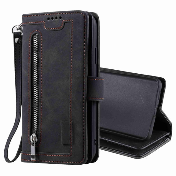 Dteck 9 Card Slots Wallet Case for Samsung Galaxy S21,Hybrid Magnetic PU Leather Zipper Kicstand Shockproof Rubber Full Protector Cover with Strap, black