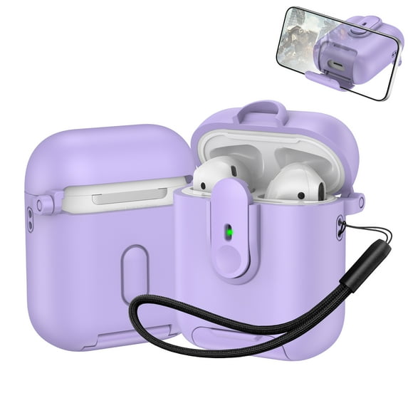 Dteck for AirPods 2 Case with Phone Stand, Auto Open Secure Lock Cover Compatible with AirPods with Lanyard, Full Body Drop Protective Cover for Men Women,Purple