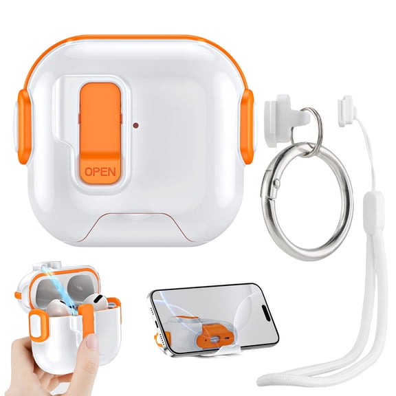 Dteck for AirPods 4th Generation Case with Keychain/Hand Strap, Shockproof Protective Headphone Cover with Invisible Phone Stand Support Wireless Charging,Orange