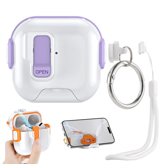 Dteck for AirPods 4th Generation Case with Keychain/Hand Strap, Shockproof Protective Headphone Cover with Invisible Phone Stand Support Wireless Charging,Purple