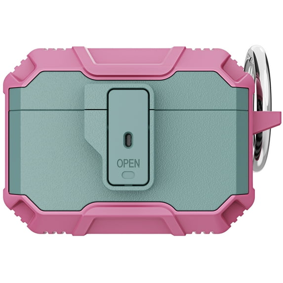 Dteck AirPods Case Designed for Airpods Pro, Secure Lock Clip Full-Body Hard Shell Rugged Protective Case with Carabiner For Apple Airpods Pro,Green+Pink
