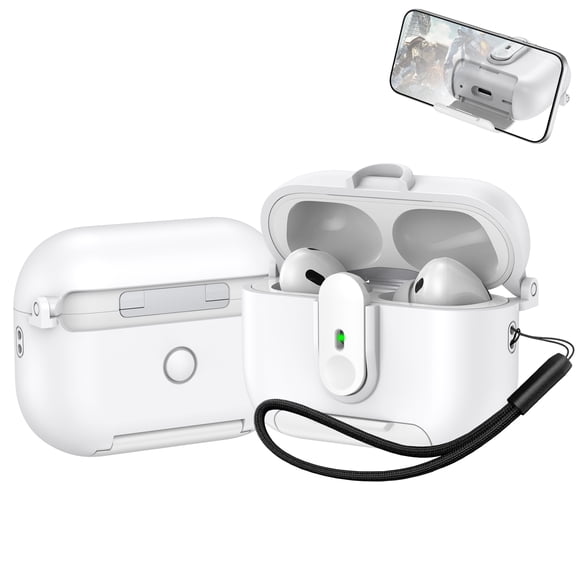 Dteck for AirPods Pro (2019) Case with Phone Stand, Auto Open Secure Lock Cover Compatible with Airpods Pro 1st Gen with Lanyard, Full Body Drop Protective Cover for Men Women,White
