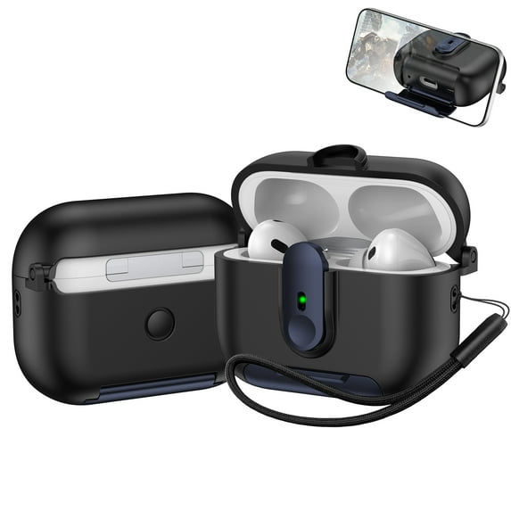 Dteck for AirPods Pro (2019) Case with Phone Stand, Auto Open Secure Lock Cover Compatible with Airpods Pro 1st Gen with Lanyard, Full Body Drop Protective Cover for Men Women,Blue Black