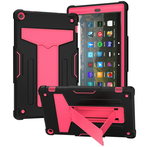 Dteck for Amazon Kindle Fire HD 10 inch Tablet Case 9th Generation 2019 Release 7th Generation 2017 Release with Kickstand, Heavy Duty Hybrid Rugged Shockproof Case, Black + Rose
