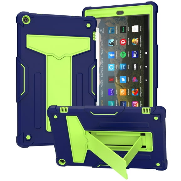 Dteck for Amazon Kindle Fire HD 10 inch Tablet Case 9th Generation 2019 Release 7th Generation 2017 Release with Kickstand, Heavy Duty Hybrid Rugged Shockproof Case, Navy + Green