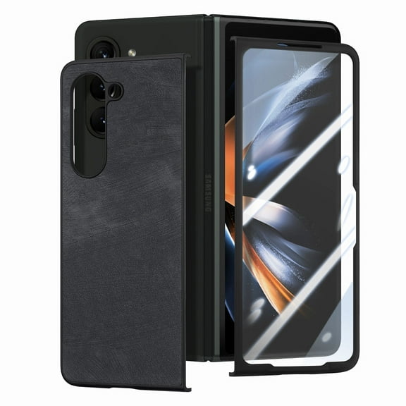 Dteck Anti-Drop Case for Samsung Galaxy Z Fold 5 5G Case with Hinge Protection, Elegant Soft PU Leather Built-in Screen Protector Slim Full Body Hard Frame Military Grade Protection Case, Black
