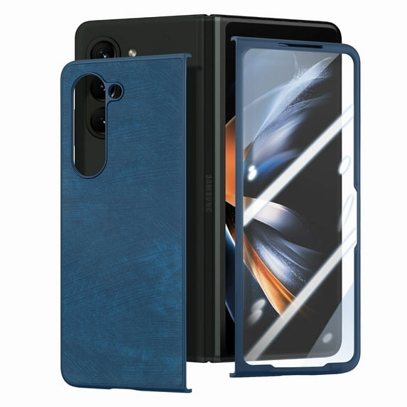 Dteck Anti-Drop Case for Samsung Galaxy Z Fold 5 5G Case with Hinge Protection, Elegant Soft PU Leather Built-in Screen Protector Slim Full Body Hard Frame Military Grade Protection Case, Blue