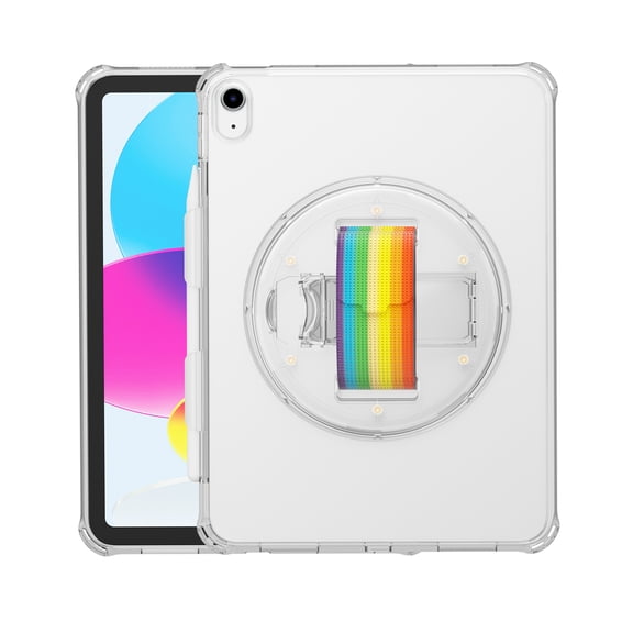 Dteck for Apple iPad 10th Gen 2022 Case, Shockproof 360 Rotating Foldable Kickstand Hand Strap Pencil Holder Kids Friendly Hard Protective Cover, Clear