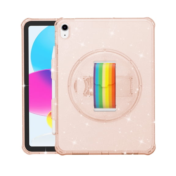 Dteck for Apple iPad 10th Gen 2022 Case, Shockproof 360 Rotating Foldable Kickstand Hand Strap Pencil Holder Kids Friendly Hard Protective Cover, Gold