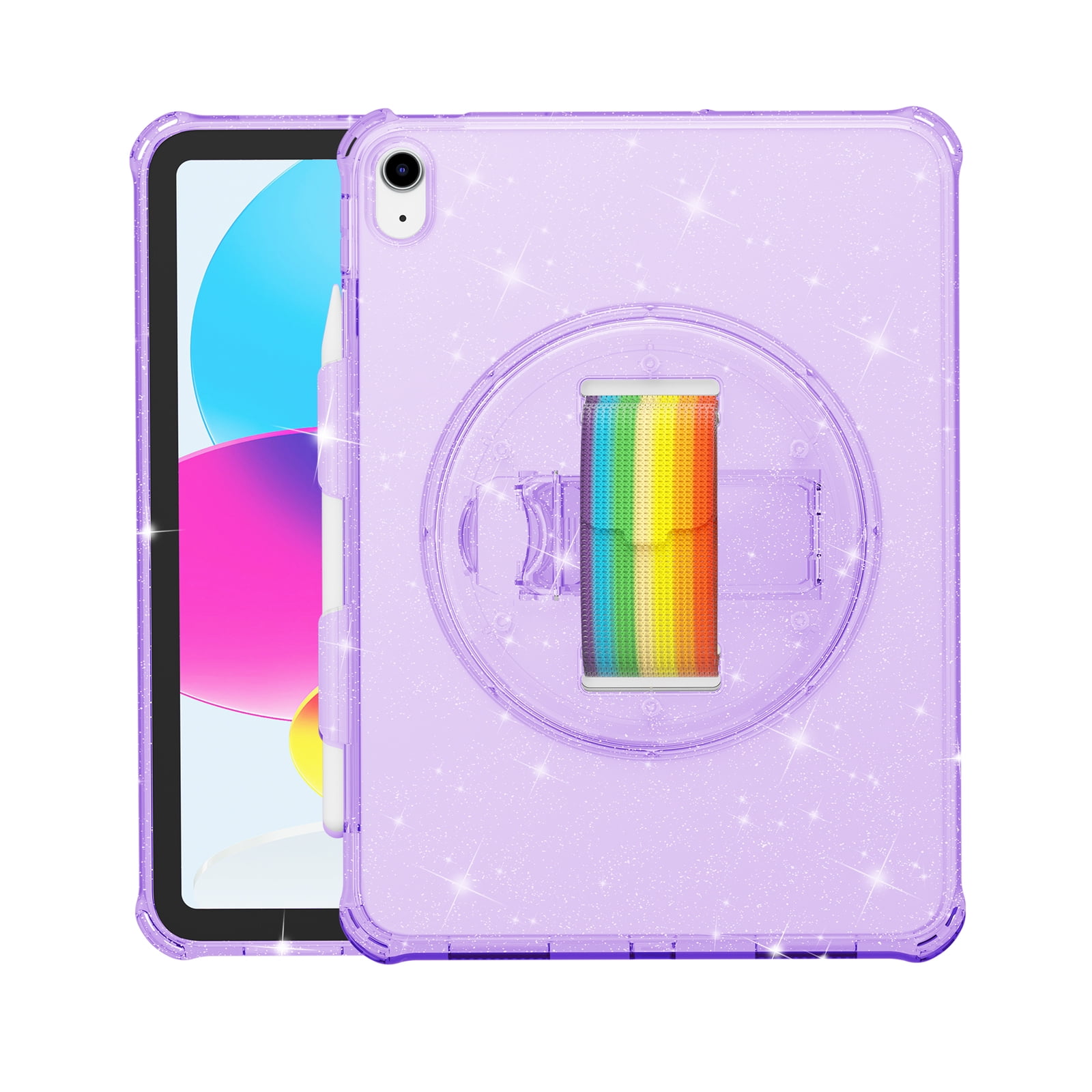Dteck for Apple iPad 10th Gen 2022 Case, Shockproof 360 Rotating Foldable Kickstand Hand Strap Pencil Holder Kids Friendly Hard Protective Cover, Purple