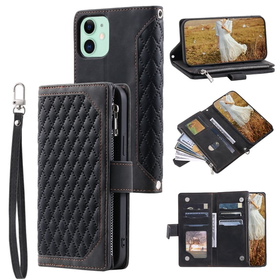 Dteck for Apple iPhone 11 Case,Full Protection Zipper Purse Magnetic Closure Folio Card Slots Wallet Kickstand Phone Cover with Wrist Strap & Shoulder Strap,Black