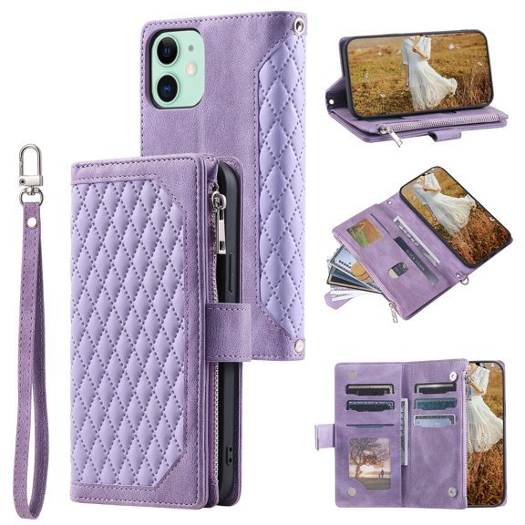 Dteck for Apple iPhone 11 Case,Full Protection Zipper Purse Magnetic Closure Folio Card Slots Wallet Kickstand Phone Cover with Wrist Strap & Shoulder Strap,Purple