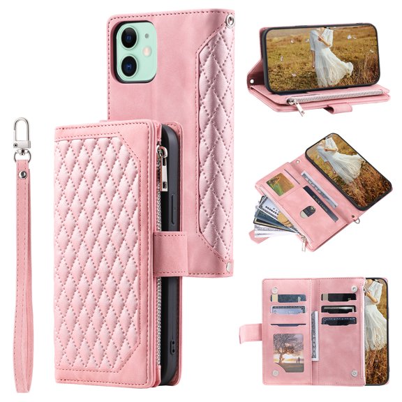 Dteck for Apple iPhone 11 Case,Full Protection Zipper Purse Magnetic Closure Folio Card Slots Wallet Kickstand Phone Cover with Wrist Strap & Shoulder Strap,Rosegold