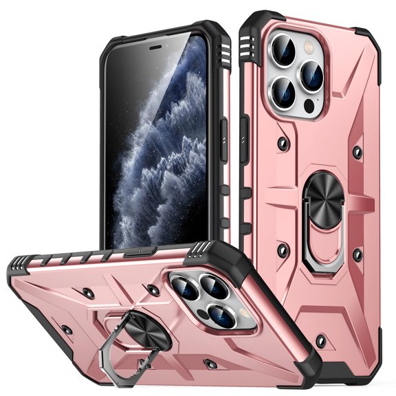 Dteck for Apple iPhone 11 Pro Max Heavy Duty Military Grade Armor Rugged Phone Protective Case with Ring Magnetic Car Mount Kickstand for iPhone 11 Pro Max,Rosegold
