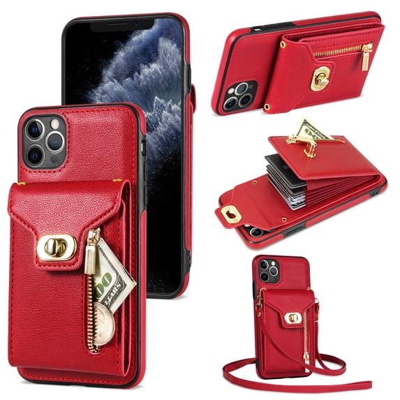 Dteck for Apple iPhone 11 Pro Max Zipper Pocket Case, Flip PU Leather Wallet Crossbody Shoulder Strap Lanyard Case with Credit Card Holder Women RFID Blocking Protective Purse Cover, red