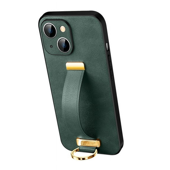 Dteck for Apple iPhone 12 Case with Hand Strap Holder, Shockproof Premium PU Leather Slim Flip Protective Case Adjustable Wristband Stand Ring Cover, darkgreen