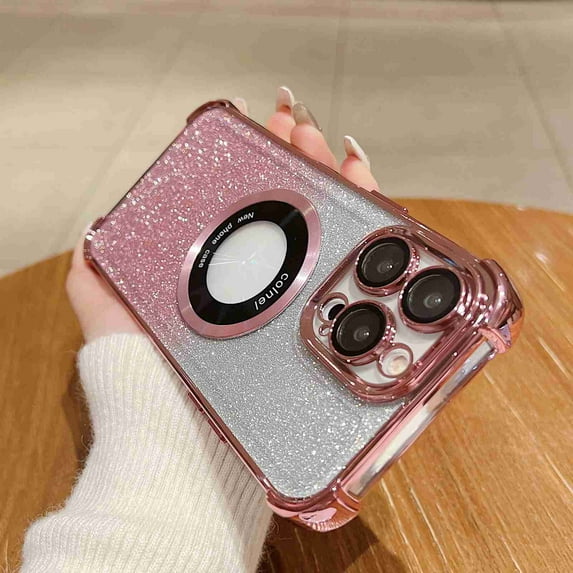 Dteck for Apple iPhone 12 Glitter Phone Case, Shockproof Magnetic Plating 2 in 1 Gradient Bling Paper Clear Back Soft Rubber Slim Lightweight for Women Girls Shiny Bumper Cover, pink