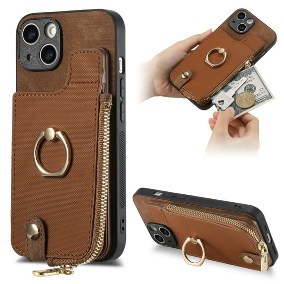 Dteck for Apple iPhone 12 Mini Zipper Wallet Case, Shockproof with Card Holders Flip Premium PU Leather Card Slots with 360°Rotation Ring Stand Protective Phone Cover, brown