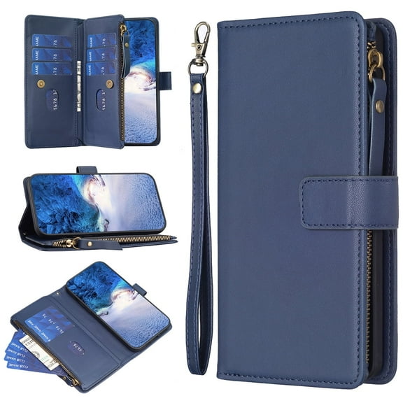 Dteck for Apple iPhone 12 Pro Max Magnetic Wallet Case, RFID Blocking Wallet Case for Women and Men with 9 Credit Card Holder Zipper Handbag Pocket PU Leather Protective Cover Case, blue