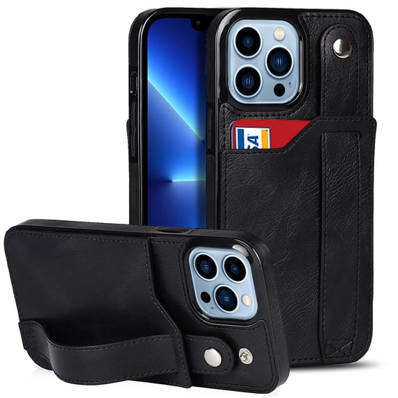 Dteck for Apple iPhone 12 Pro Max Slim Case, Shockproof Premium PU Leather Soft TPU Business Cover with Wrist Strap Kickstand Flip Stand Protection Case, black