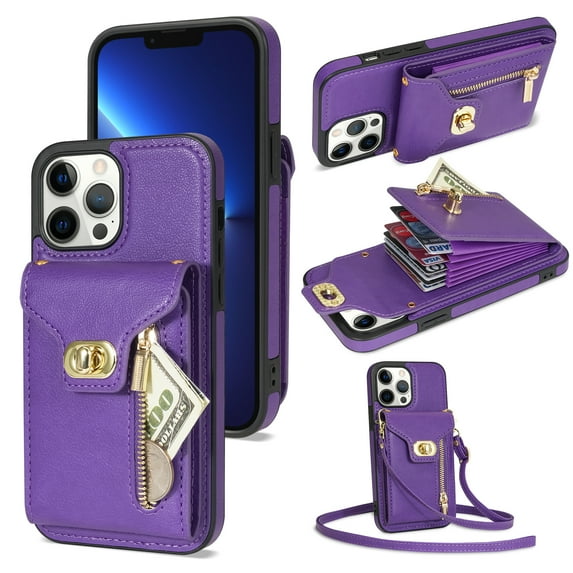 Dteck for Apple iPhone 12 Pro Max Zipper Pocket Case, Flip PU Leather Wallet Crossbody Shoulder Strap Lanyard Case with Credit Card Holder Women RFID Blocking Protective Purse Cover, purple