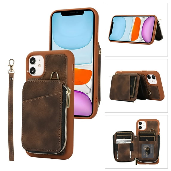 Dteck for Apple iPhone 12 Pro / 12 Zipper Wallet Case, Magnetic Clasp Zipper Purse PU Leather Wallet Case with Credit Card Slot Holder Back Flip Cover, brown