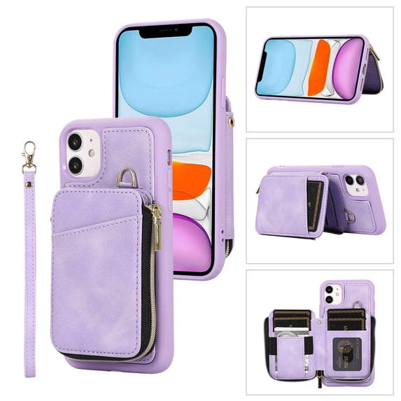 Dteck for Apple iPhone 12 Pro / 12 Zipper Wallet Case, Magnetic Clasp Zipper Purse PU Leather Wallet Case with Credit Card Slot Holder Back Flip Cover, purple